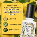 Poo-Pourri Original Citrus bottle with lemon, lemongrass and bergamot callouts and botanical imagery on a yellow background.