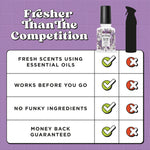 Comparison chart graphic showing Poo-Pourri Lavender Vanilla advantages versus a generic spray on a purple tiled background
