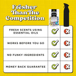 Comparison chart graphic titled 'Fresher Than The Competition' showing Poo-Pourri pack checked for benefits against a competitor spray silhouette