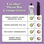 Comparison infographic showing Poo-Pourri bottle outperforming a generic spray across four checklist features on purple tiles