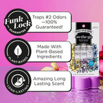 Feature graphic showing Poo-Pourri on-the-go pack with three circular icons highlighting plant-based, long-lasting and funk lock claims