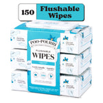 Stacked Poo-Pourri flushable wipes 150 count multi-pack with teal label and plastic pop-top dispenser