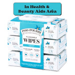 Poo-Pourri flushable wipes multipack with teal front label and plastic pop-top, product area callout above