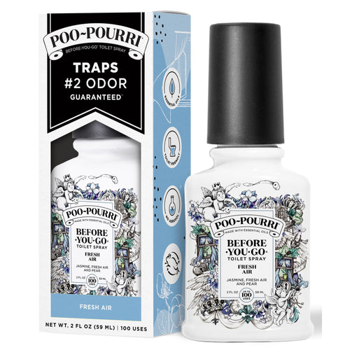 Poo-Pourri Fresh Air bottle and boxed packaging with decorative label and black cap on white background.