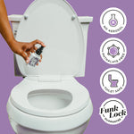 Toilet scene with a hand spraying a small Poo-Pourri bottle and icons indicating no aerosol, phthalate free, and toilet safe