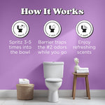Illustrated bathroom scene on purple wall showing how Poo-Pourri works with three step icons and explanatory text