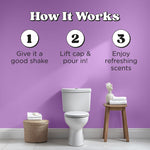 Illustrated how-to scene with numbered steps above a toilet describing lift cap and pour for product use on a purple wall