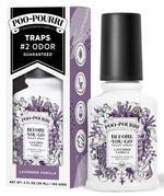 Poo-Pourri Lavender Vanilla 2 oz bottle beside its matching purple-accented retail box on white background