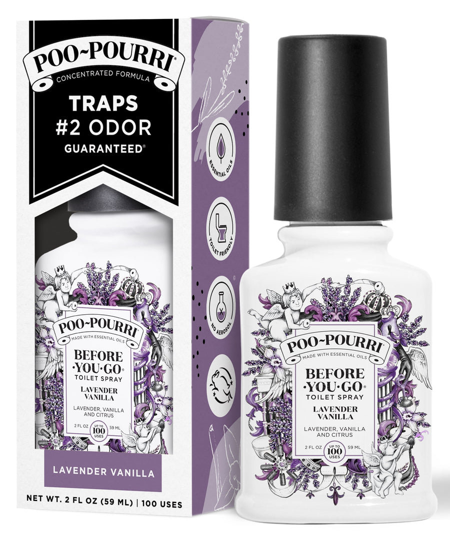 Poo-Pourri Lavender Vanilla 2 oz bottle beside its matching purple-accented retail box on white background