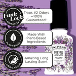 Poo-Pourri Lavender Vanilla bottle over purple background with icons highlighting plant-based, long-lasting Funk Lock benefits