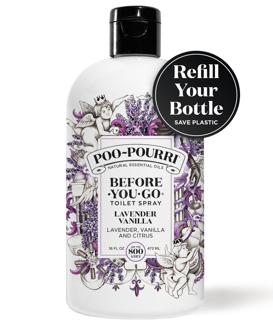 White Poo-Pourri lavender vanilla refill bottle with decorative purple floral label and black flip cap