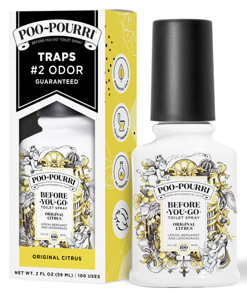 Poo-Pourri Original Citrus before-you-go toilet spray bottle with its retail box, lemon-accented label.