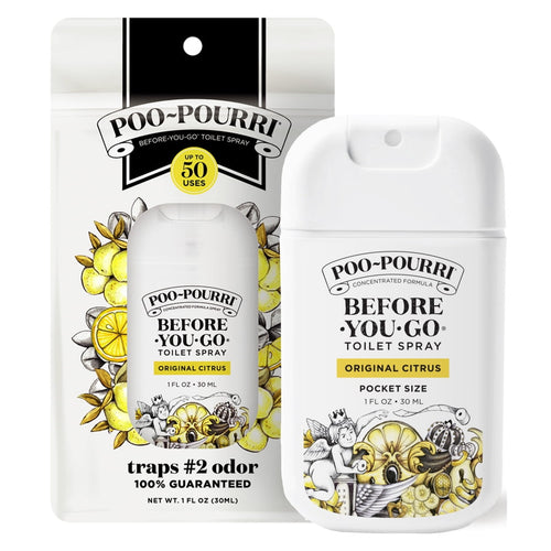 Poo-Pourri Original Citrus pocket-size white spray bottle and retail blister card with lemon artwork