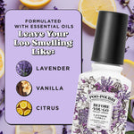 Poo-Pourri Lavender Vanilla bottle with lavender, vanilla and citrus icons and text on a purple background