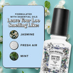 Poo-Pourri bottle next to a panel listing scent notes: jasmine, fresh air, and mint with floral accents