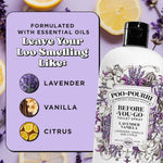 Close-up of Poo-Pourri lavender vanilla refill bottle with text panel listing lavender, vanilla, and citrus scent notes