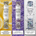 Three Poo-Pourri travel spray tubes shown vertically with lemon, lavender and jasmine-themed backgrounds and scent labels