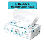 Poo-Pourri flushable wipes box with a white wipe emerging from the flip-top lid and blue promotional badge above