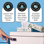 Open box of Poo-Pourri flushable wipes on a toilet tank with callout icons highlighting sensitive skin and flushable certification