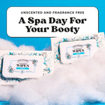 Two Poo-Pourri flushable wipes packs nestled in fluffy white material with headline “A Spa Day For Your Booty” above