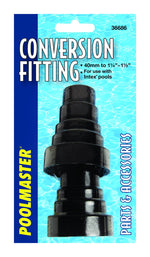 Poolmaster packaged conversion fitting on blue water background showing text 'CONVERSION FITTING' and size callouts