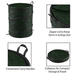 Collapsible green pop-up waste bin with inset detail images showing zipper lid, carry handles and collapsed form