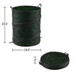 Dark green collapsible pop-up trash can with dimensions annotated and folded flat beside it