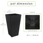 Graphic showing pot dimensions with front and top views of a tall black tapered planter and measurements