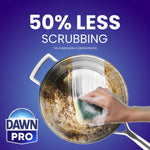 Cooking pan half-covered in food residue being scrubbed with a soapy sponge and '50% less scrubbing' headline