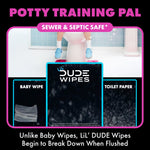 Graphic comparing Lil' DUDE Wipes to baby wipes and toilet paper with a child sitting on a toilet and 'Potty Training Pal' header.