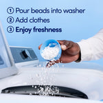 Hand pouring white scent beads from a blue scoop into a washing machine with step-by-step usage text