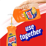 Hand pouring orange Ajax refill from a large jug into a smaller dish soap bottle above 'use together' text