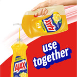 Pouring a large refill jug of yellow Ajax liquid into a smaller bottle with the phrase 'use together' on a red background