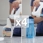 Split image of hands pouring Bona cleaner into a refill bottle and spray bottle with a central overlay reading refills x4.