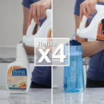 Split image of a person pouring Bona refill liquid into a spray bottle and into a blue Bona bottle with “Refills x4” text overlay
