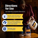 Instructional image of a person pouring Farnam Bronco e refill into a spray bottle with directional text overlays