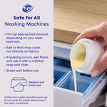 Instructional panel showing a hand pouring yellow fabric conditioner from the cap into a washing machine dispenser with usage tips.