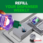 Hand pouring purple Cascade Clean + Dry Booster into a dishwasher dispenser next to a detergent pod and dispenser cap