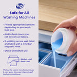 Usage directions and pouring demonstration showing fabric conditioner being added to a washing machine dispenser