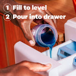 Hand pouring blue liquid from a measuring cap into a washing machine drawer with numbered steps and instructional text