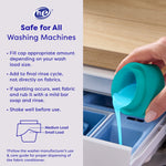Instructional image showing pouring teal liquid fabric softener from a cap into a washing machine dispenser with usage text.