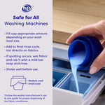Hand pouring blue liquid fabric conditioner from measuring cap into washer dispenser with usage instructions text