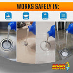 Four-panel image showing Drain Weasel being poured into different drains with icons for kitchen, sink, shower, and floor drain
