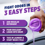 Hand pouring purple OxiClean liquid from cap into washing machine drum with three-step instructions to fight odors