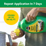 Photo of hands pouring Miracle-Gro Quick Start from a green jug into its yellow cap with text about repeat application