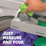 Hand pouring white liquid into a washing machine softener compartment with text 'JUST MEASURE AND POUR'
