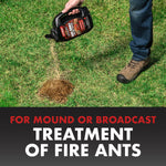 Person pouring granular Spectracide One-Shot from a black jug near a fire ant mound on grass, showing application use.