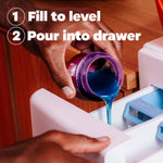 Hands pouring blue Tide liquid from the bottle cap into a washing machine drawer with usage steps overlaid