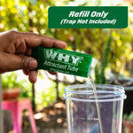 Hand pouring liquid from a green WHY attractant tube into a clear container with refill-only banner in upper corner