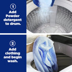 Two-step instructional graphic showing powder being added to a washing drum and clothing placed into the washer